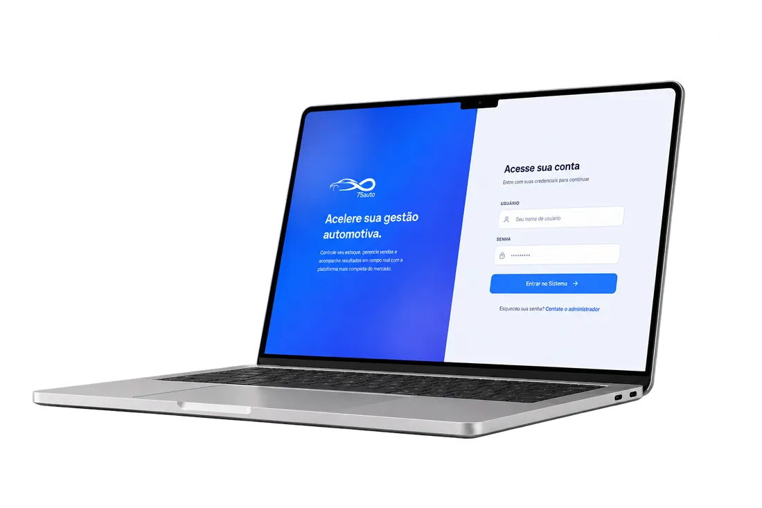 Notebook exibindo o 7Sauto, sistema de gestão para revendas de veículos